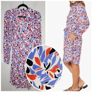 NWT Well Worn Button Front Shirt Dress Belted Pockets Rayon Red White Blue M